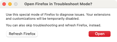 The reset process is a bit different with Firefox. Quit Firefox, then hold down the Opt button while you restart Firefox. Click 'Refresh Firefox'.