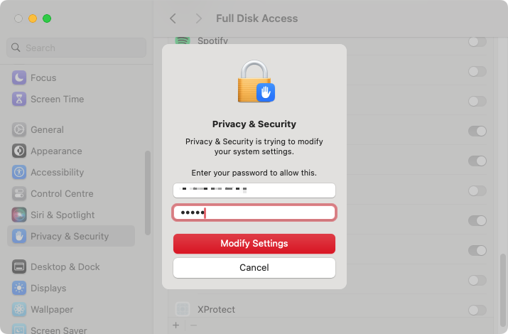 If you're prompted to, enter your admin password, then click the 'Modify Settings' button or press the Return key on your keyboard. If you're prompted to, enter your admin password, then click the 'Modify Settings' button or press the Return key on your keyboard.