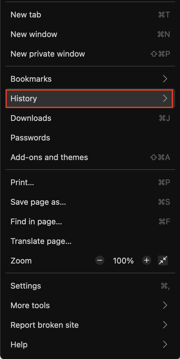 The menu in Firefox, with History selected. How to manually delete cache in macOS Sonoma: clear browser cache on MacBook Sonoma, in Firefox.