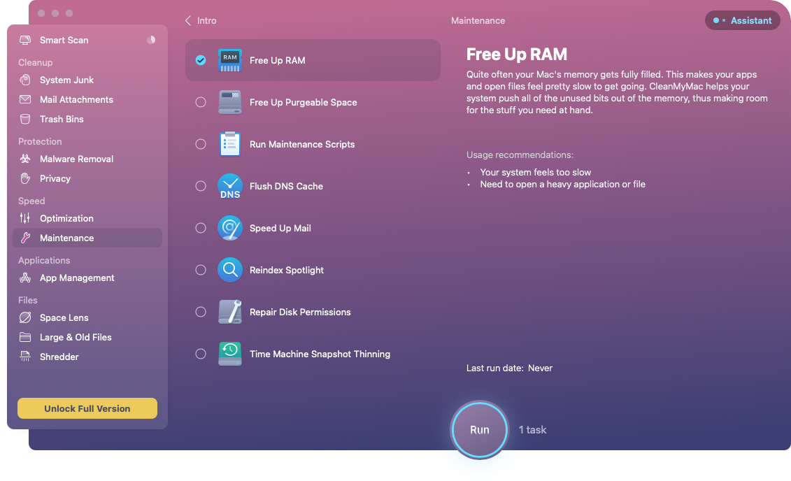 In contrast, you can now see the CleanMyMac app shown with the similar maintenance tool called Free Up RAM. That’s is done for you to compare the competitive cleaning apps and decide which interface and range of tools you like more. In contrast, you can now see the CleanMyMac app shown with the similar maintenance tool called Free Up RAM. That’s is done for you to compare the competitive cleaning apps and decide which interface and range of tools you like more.