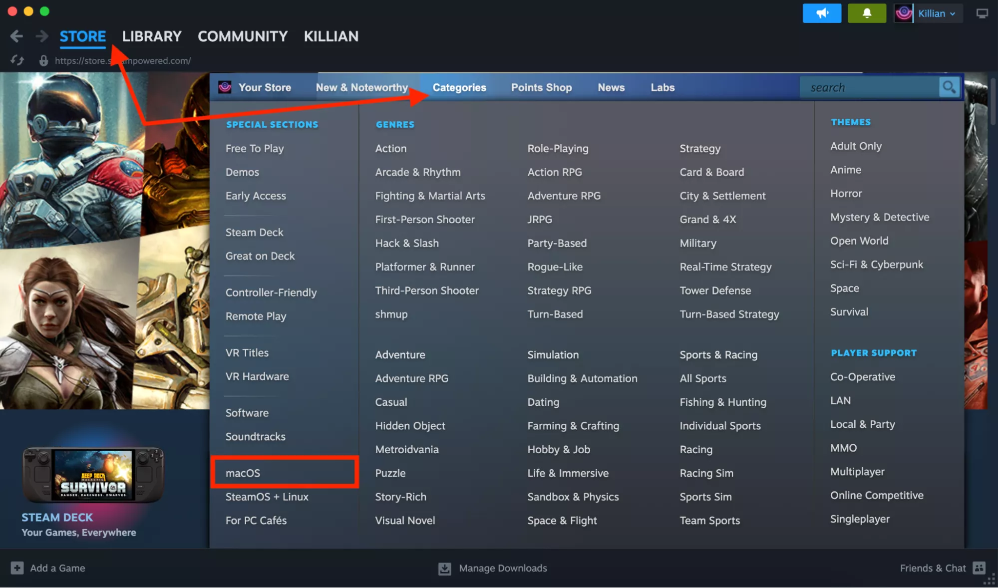 The macOS section in the Steam Store on Mac. If you want to run Windows games on Mac, you’ll find all compatible titles here.