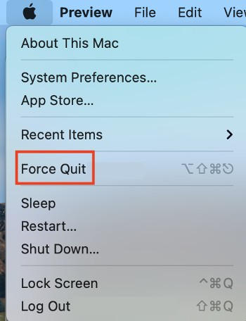 The Apple menu on Mac shows several system options. Click the Force Quit button to kill a problematic app.