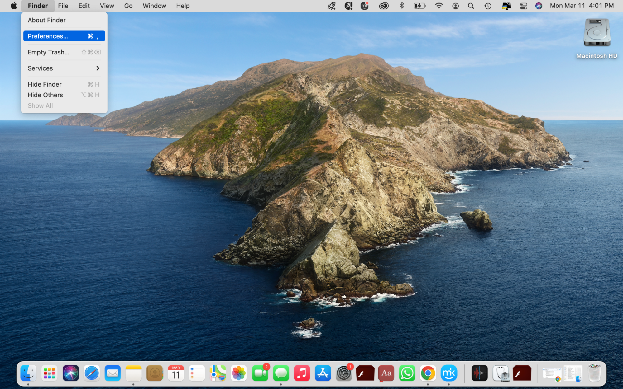 Unhide icons on a Mac desktop. To do this, click on Finder in the Dock, head to the menu bar at the top of the screen, and select Finder > Preferences > General.