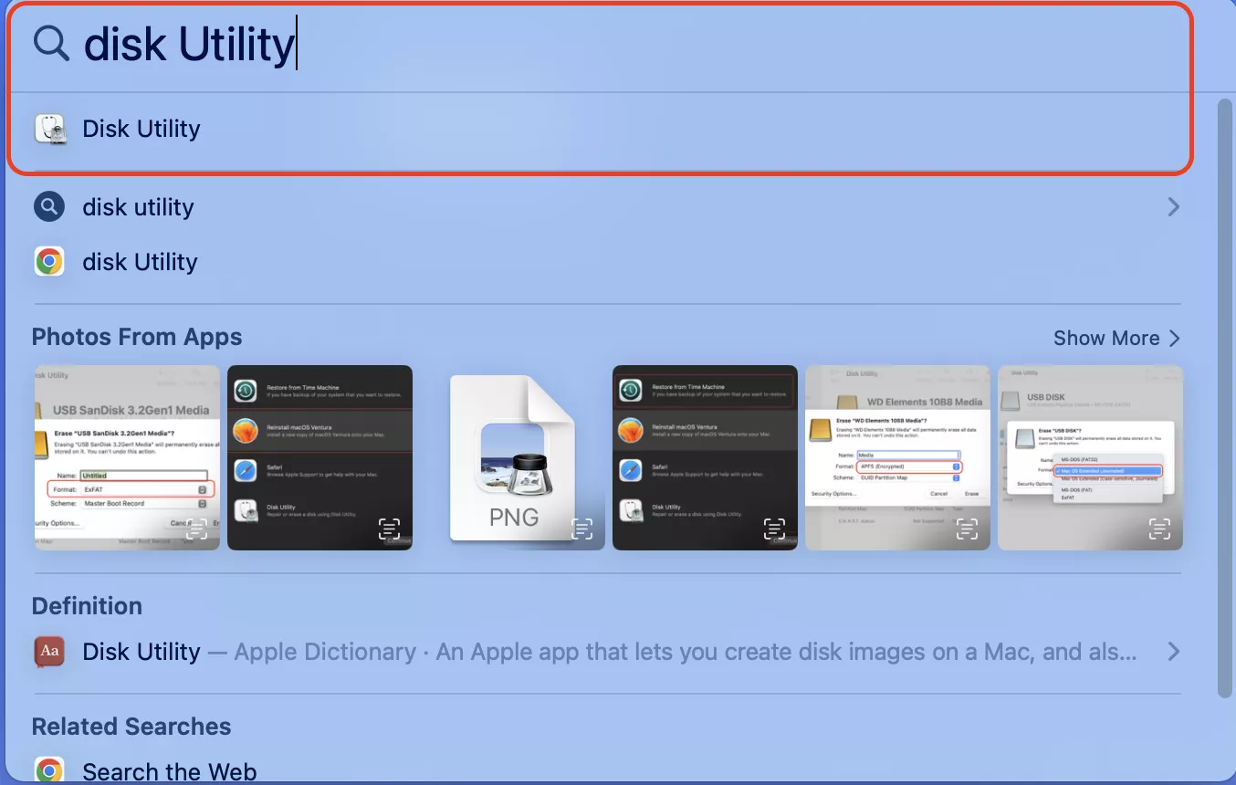 Now, to proceed further with the formatting of the USB disk, find and open the Dick Utility app on your MacBook. For quickness, use the search bar and then press Enter