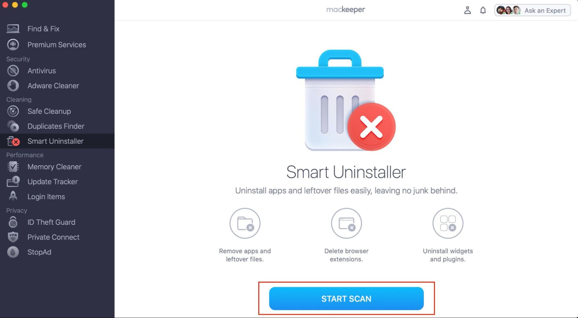 Opened Smart Uninstaller feature in MacKeeper application where you should click on Start Scan button to run the scan to find the apps on your Mac Opened Smart Uninstaller feature in MacKeeper application where you should click on Start Scan button to run the scan to find the apps on your Mac