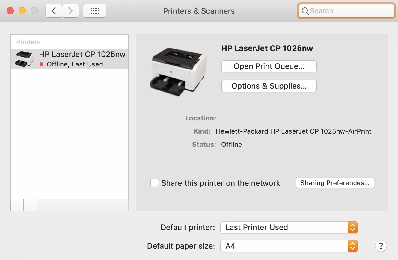 printers and scanners page with the list of printers on the left