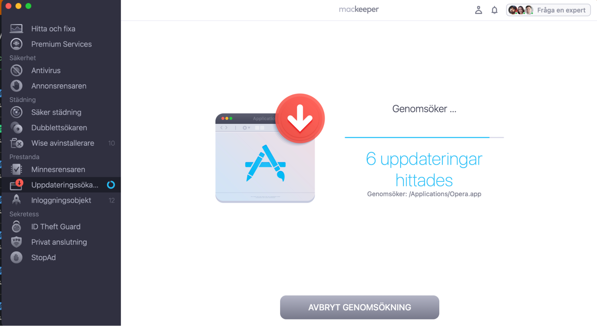 Fönstret i Uppdateringssökaren visar skanningsprocessen i MacKeepers app, vilket ger dig en indikation om nödvändiga uppdateringar av programvaran.