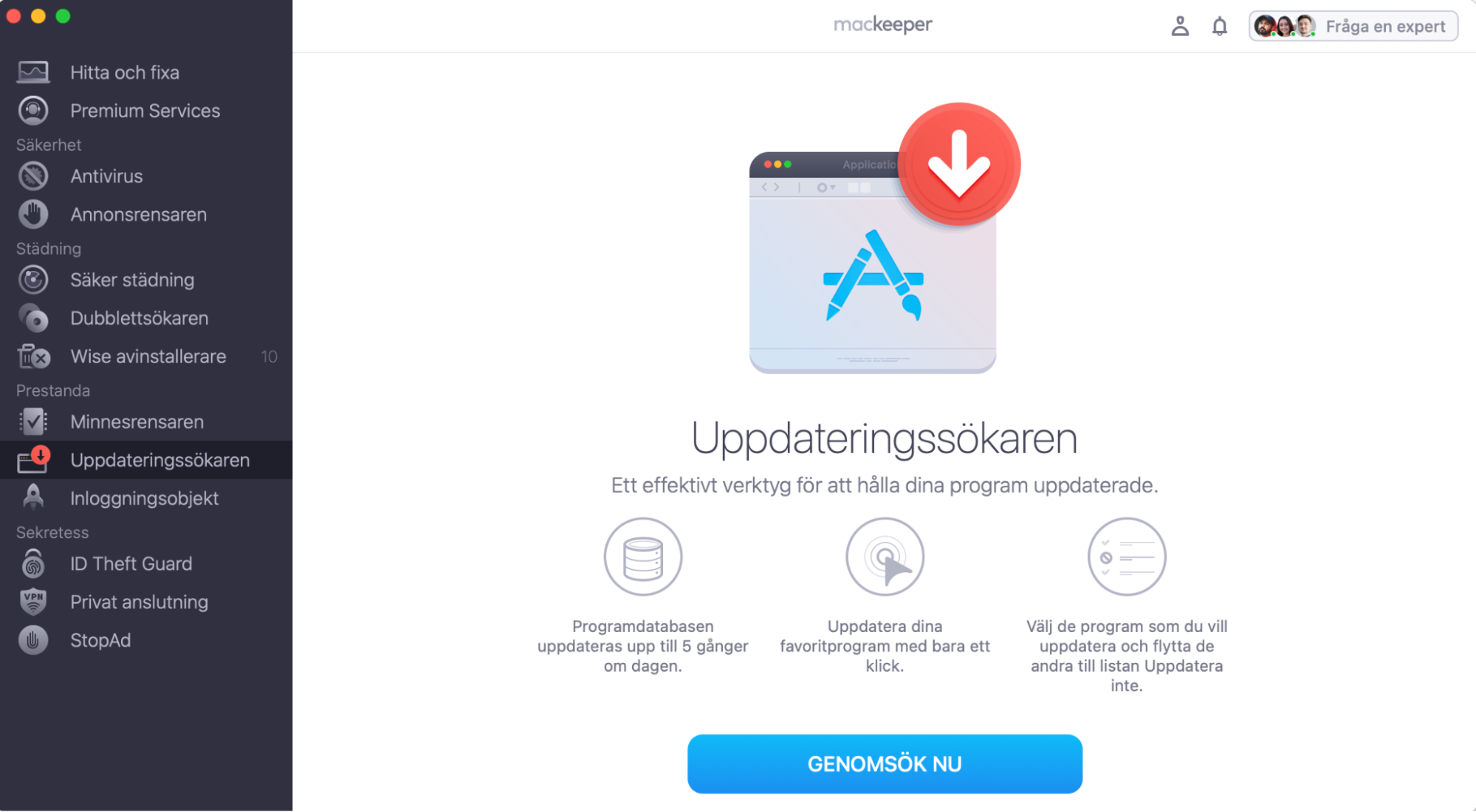 I fönstret Uppdateringssökaren, som öppnas till vänster i MacKeepers appgränssnitt, ser du alternativet att skanna efter uppdateringar längst ner i mitten.