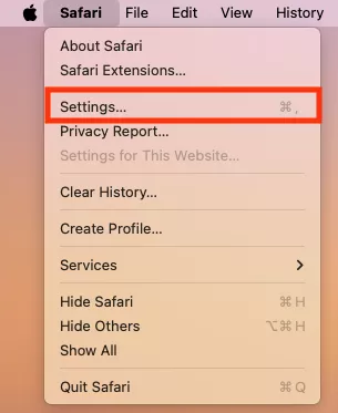 The Safari menu on Mac. Click Settings to find Safari extensions that may be infected with Bundlore.