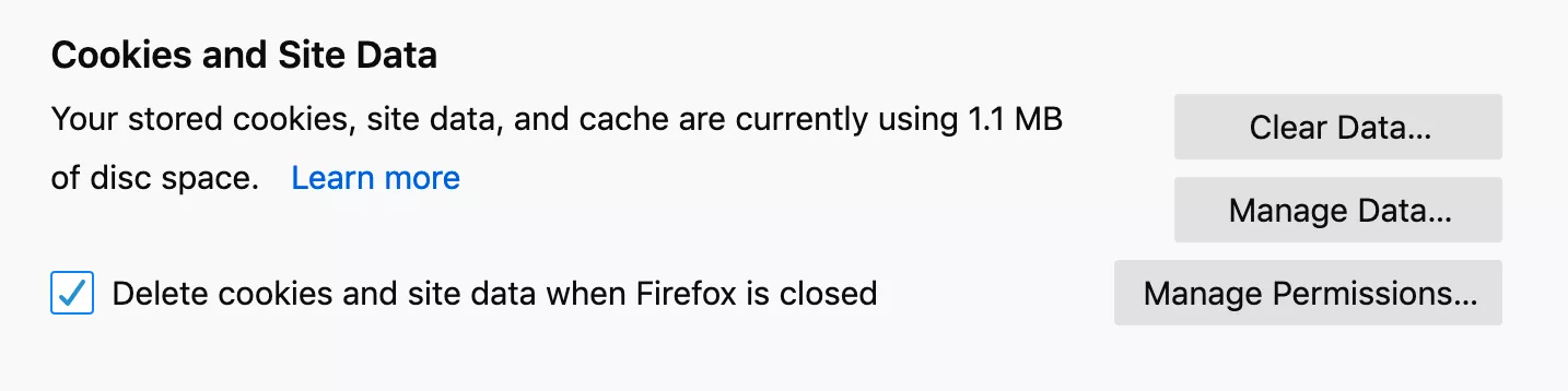 cookies and site data menu in firefox