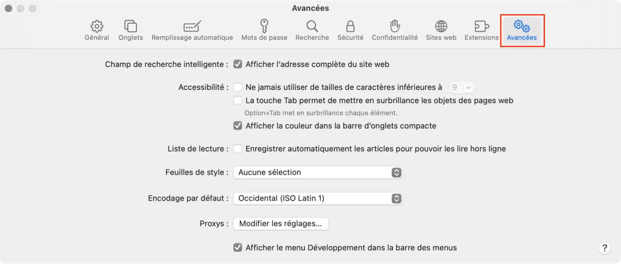 Safari > Préférences > Avancées