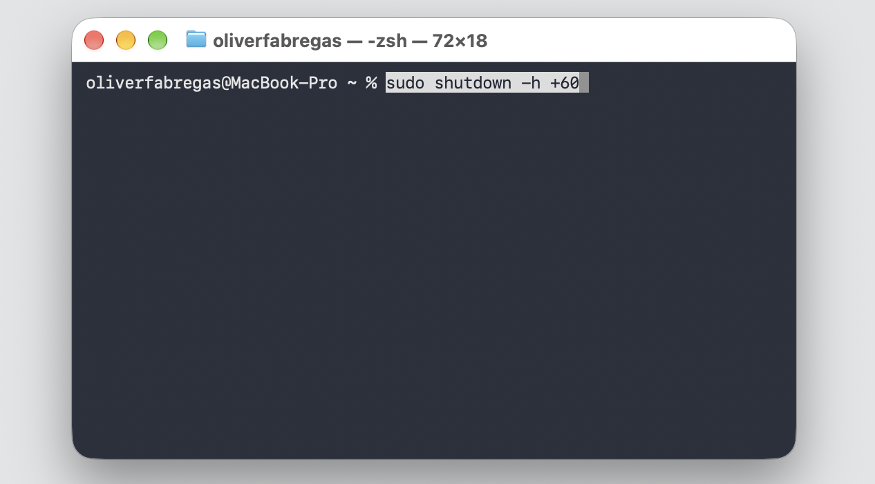 Terminal window on a MacBook with the countdown command sudo shutdown -h +60 typed to turn off the Mac automatically after 60 minutes.