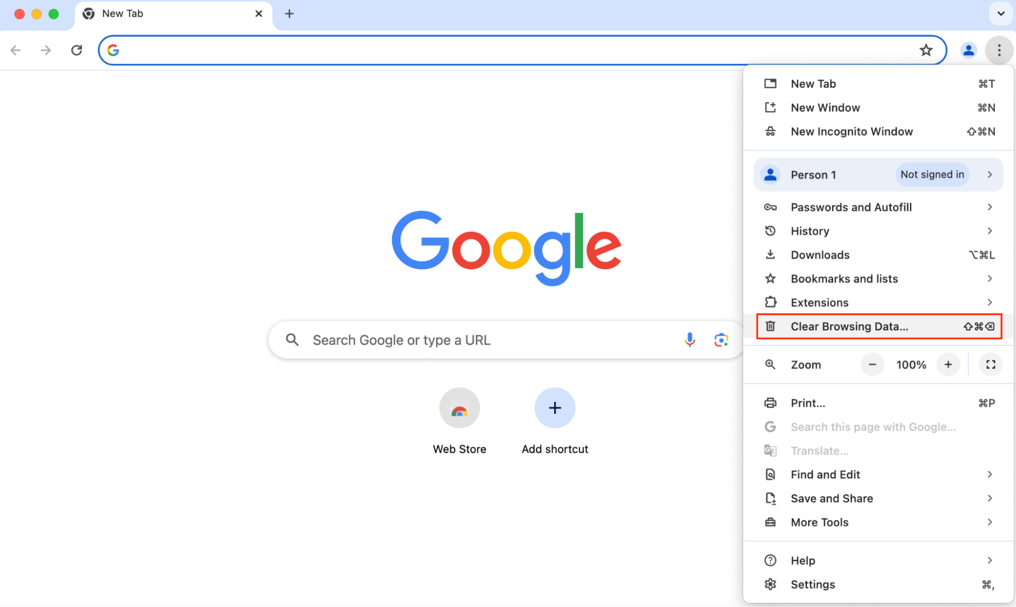 Google Chrome for Mac, with the menu open. Clear Browsing Data is highlighted. How to manually delete cache on macOS Sonoma: clear browser cache files on Google Chrome.