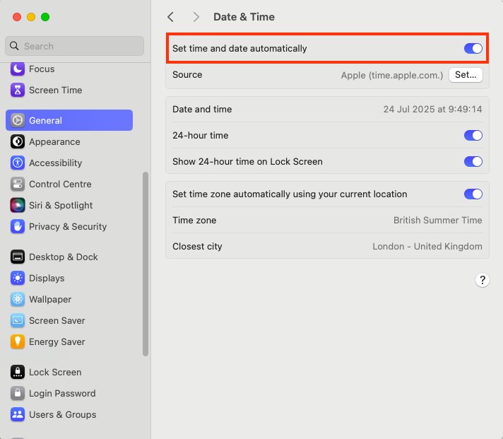 The Location Services option in the Privacy & Security menu on Mac. Make sure Location Services are enabled when set date and time automatically on Mac is not working.