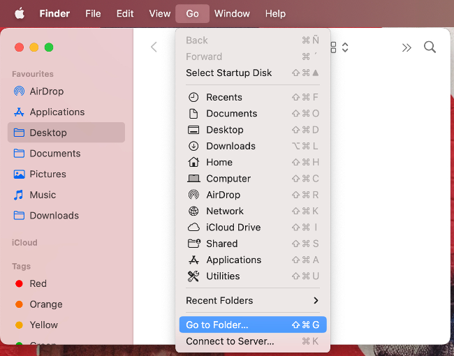 To remove temporary files, start by selecting Go to Folder… from Finder’s Go menu.