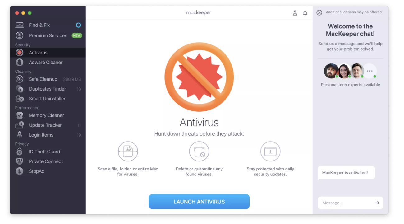 Set up antivirus by selecting Security > Antivirus in the MacKeeper app. At the bottom of your screen is a Launch Antivirus button; click on this to continue the process.