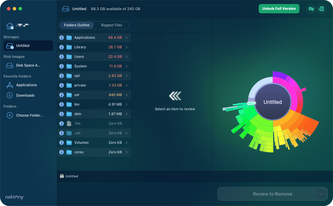 Disk Space Analyzer from Nektony works a lot like DaisyDisk, giving you a colorful, graphic representation of our Mac's storage.