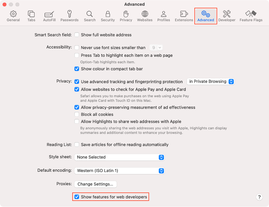 To fix the application Safari is not open anymore error by clearing the memory cache, go to the Advanced tab, then select Show features for web developers.