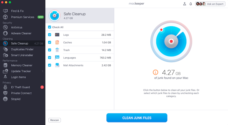 MacKeeper on Mac shows the Safe Cleanup tool that removes system junk. Scan your system to identify unnecessary files, then click Clean Junk Files.