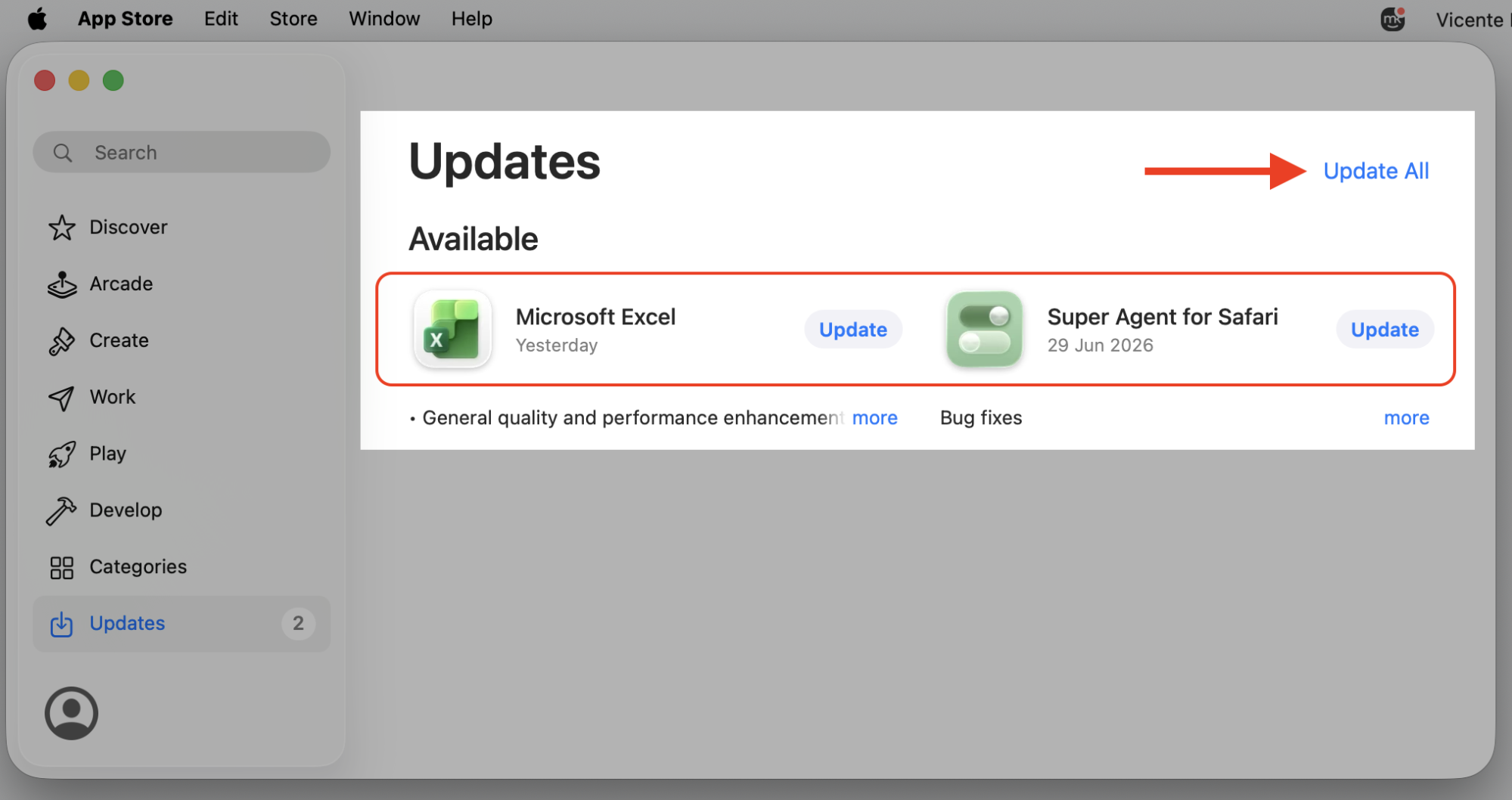App Store Updates page on macOS with Update All highlighted, refreshing apps to stop codesign re-checks and high CPU on your Mac.