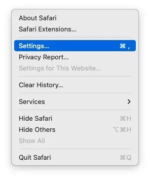 The Safari browser menu bar displays that the Settings option is selected in the above drop-down menu to start the process to clear cache on Mac Catalina.
