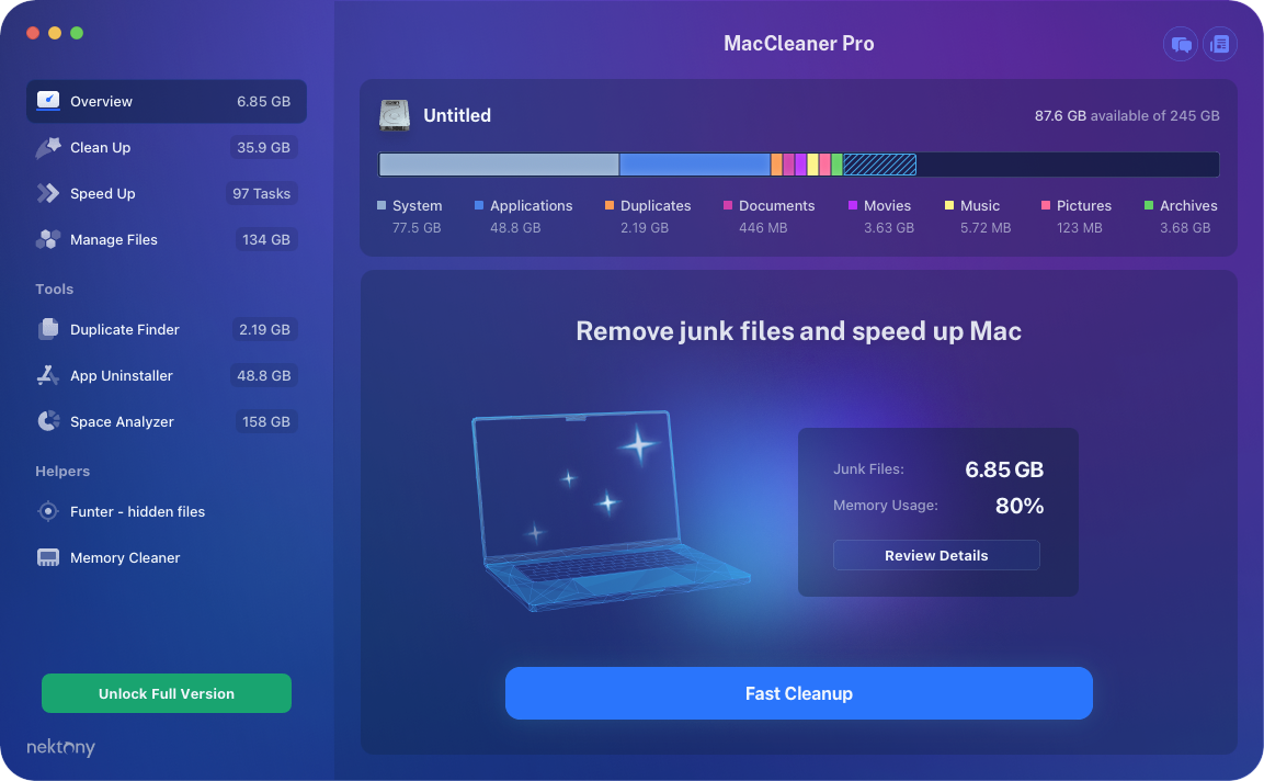MacCleaner from Nektony offers all kinds of tools to clean up and optimize your Mac, including junk removal, app installation, and a duplicates finder.