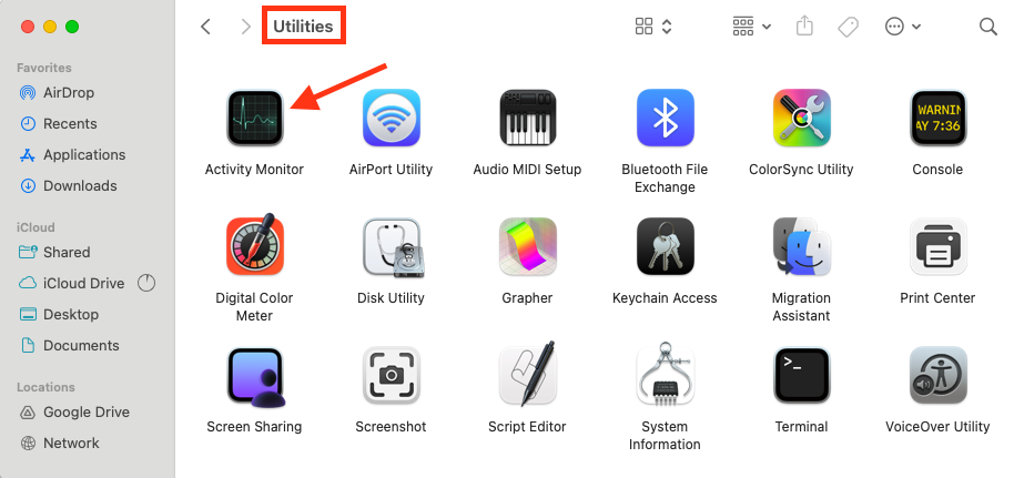 Finder on Mac shows the Utilities folder with all built-in utilities. Double-click on Activity Monitor to launch it.