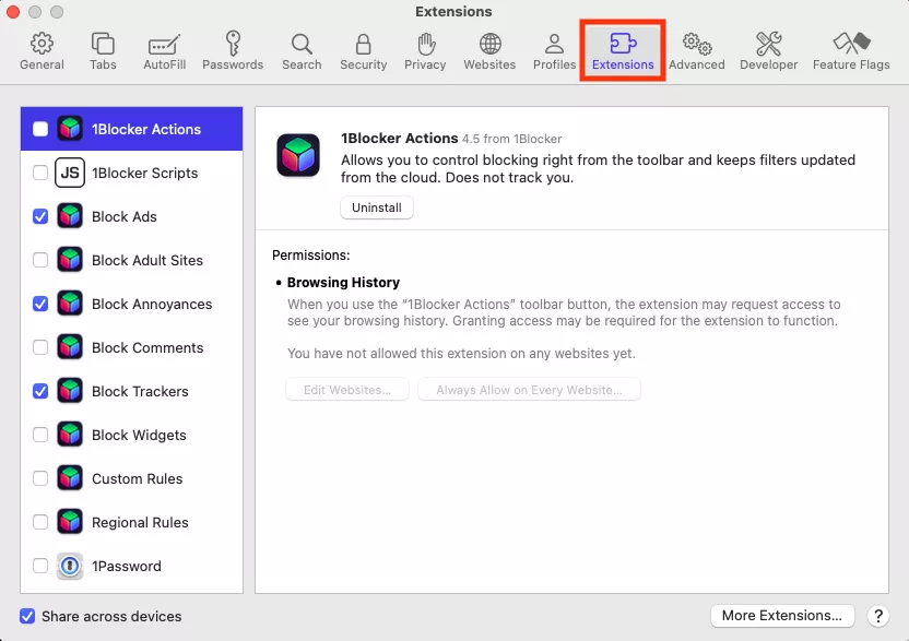 The Safari settings menu on Mac showing the Extensions section. Select an extension that may be infected with Bundlore adware, then click Uninstall to delete it.