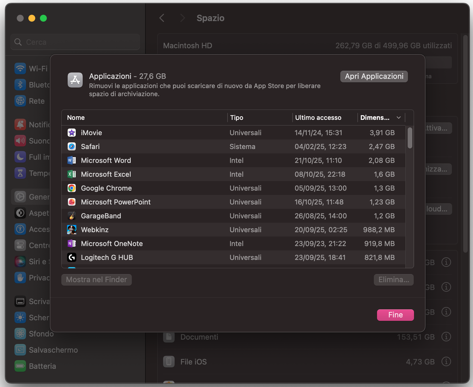 Nella sezione Applicazioni delle impostazioni di archiviazione del Mac puoi vedere tutte le app installate, quando sono state usate l’ultima volta e quanto spazio occupano.