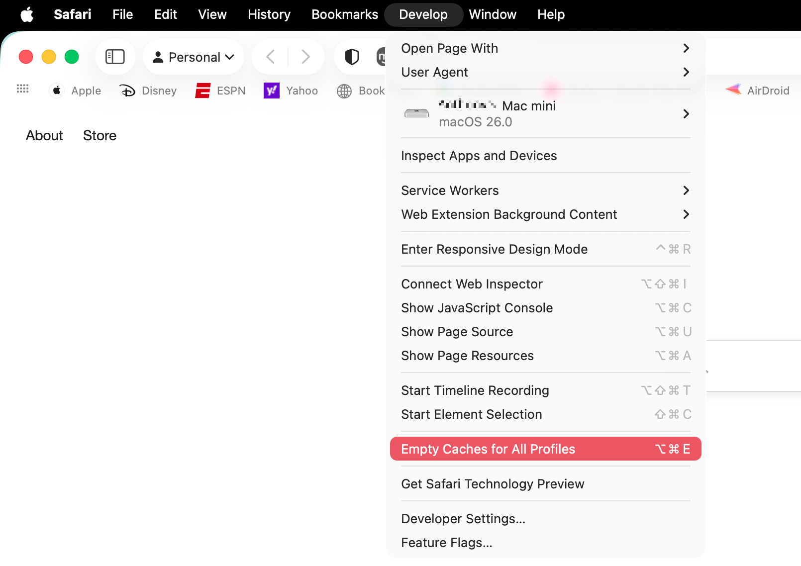 Now that the Develop menu is enabled, select Develop > Empty Caches for All Profiles from the Safari menu bar. Then see if your VTDecoderXPCService problem persists.