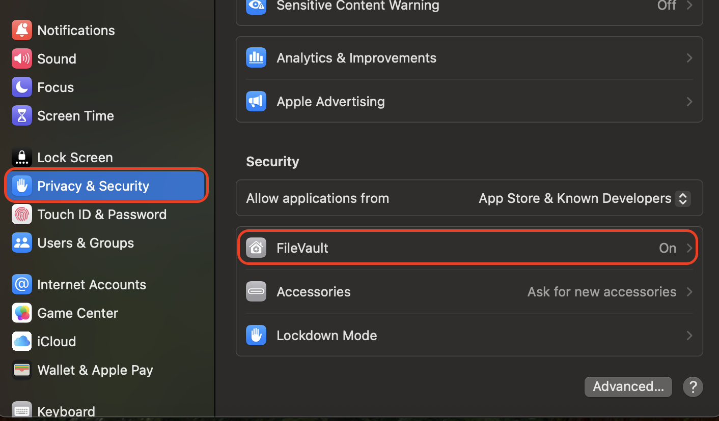 Open System Settings, select Privacy & Security, scroll to FileVault, and click Turn On to enable full-disk encryption and protect your Mac's data.