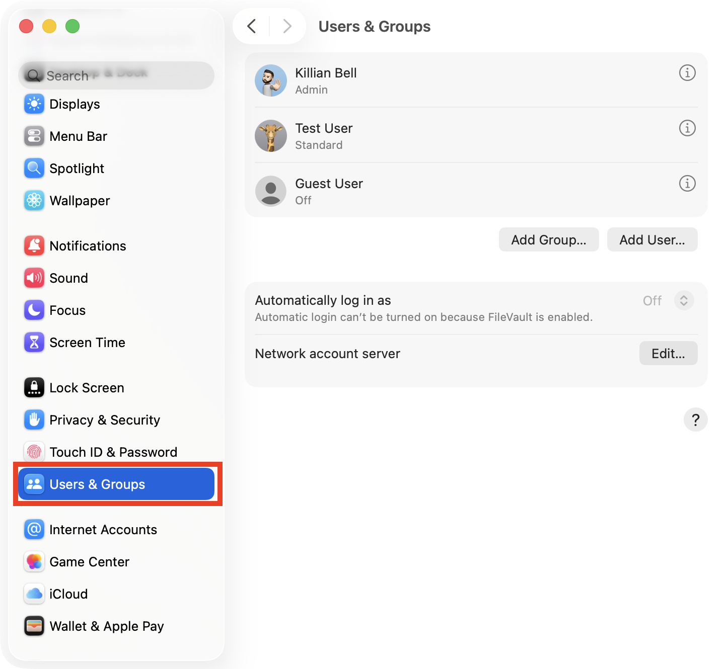 The Users & Groups menu inside System Settings on Mac. You can select your system account here before you change user name on Mac.