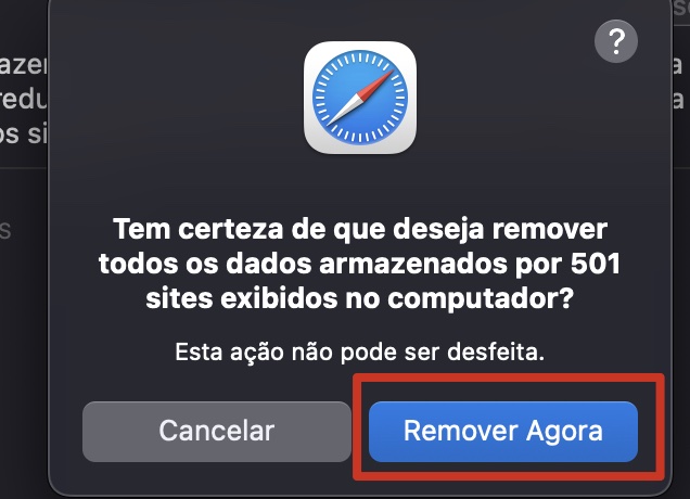 Uma caixa de confirmação para limpar dados de sites no Safari do Mac. Você pode confirmar que deseja remover todos os dados de sites para liberar espaço no Mac clicando em Remover Agora.