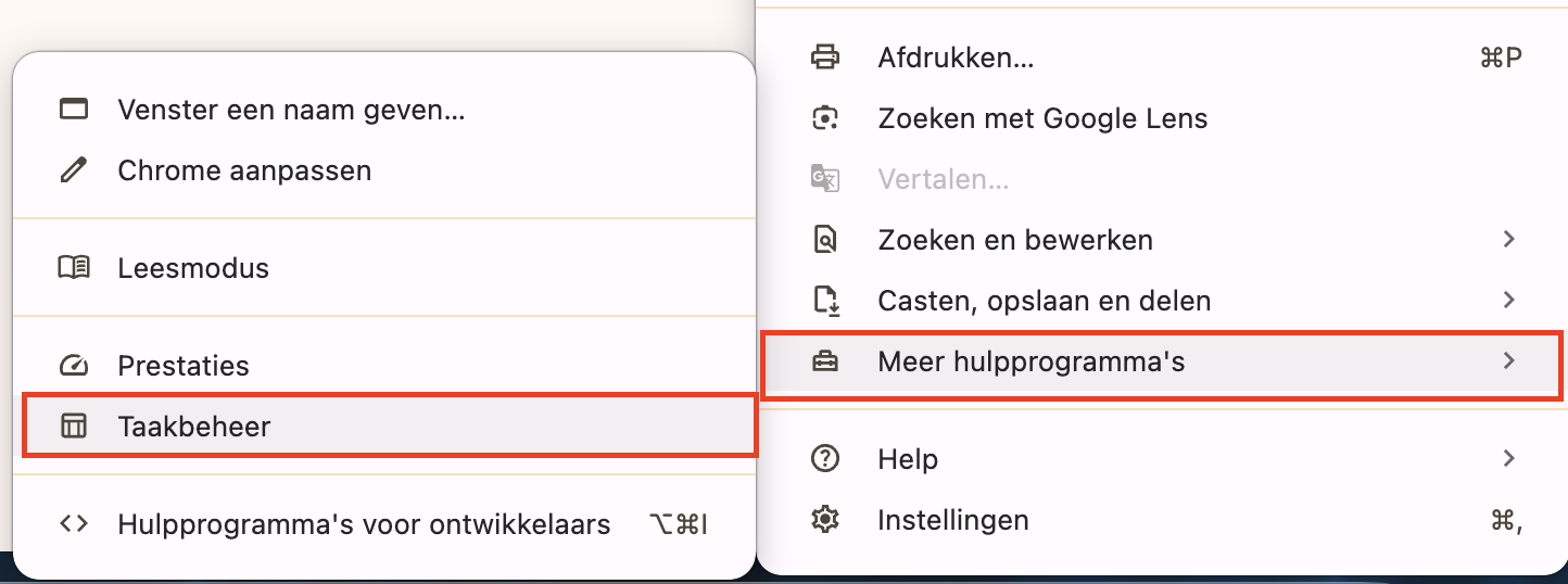 Controleer welke processen het meeste geheugen gebruiken in Google Chrome en maak meer RAM vrij op je Mac. Klik op het pictogram met de drie stippen en kies  Meer hulpprogramma’s > Taakbeheer.