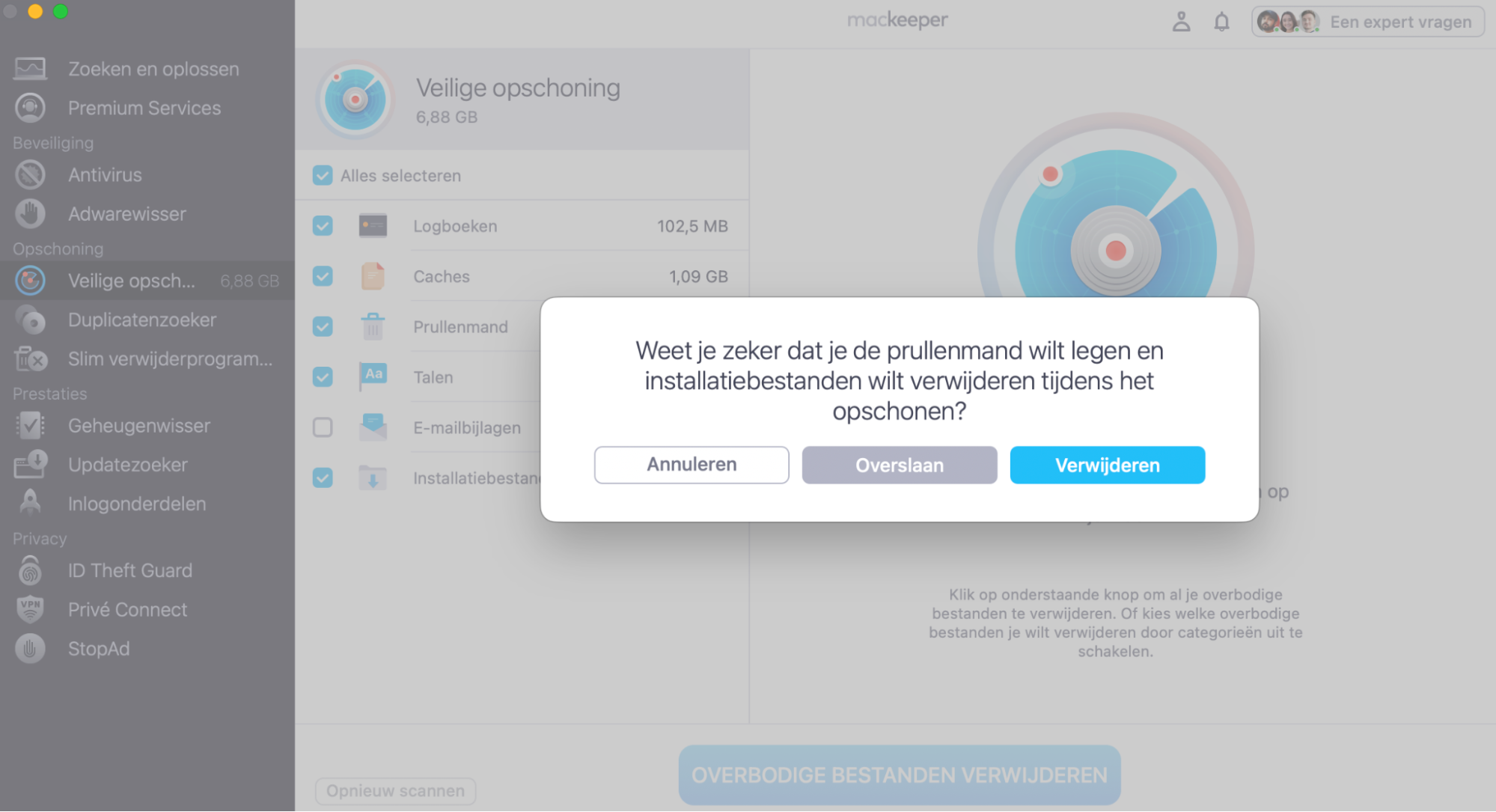 Klik op Verwijder in het vervolgvenster om MacKeeper’s Veilige opschoning de prullenmand te laten legen en installatiebestanden te verwijderen tijdens het opschoningsproces.