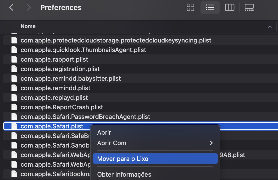 Use o Finder para excluir as preferências do Safari. Clique em Ir para Pasta na aba Ir. Copie e cole o comando ~/Library/Containers/com.apple.Safari/Data/Library/Preferences e clique em Ir. Localize e exclua o arquivo com.apple.Safari.plist.