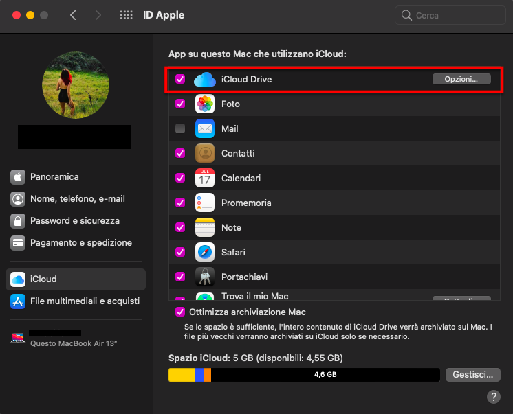 Il menu iCloud nelle Preferenze di sistema del Mac. Verifica che l’opzione Ottimizza archiviazione Mac in Drive sia abilitata, per liberare spazio sul Mac.