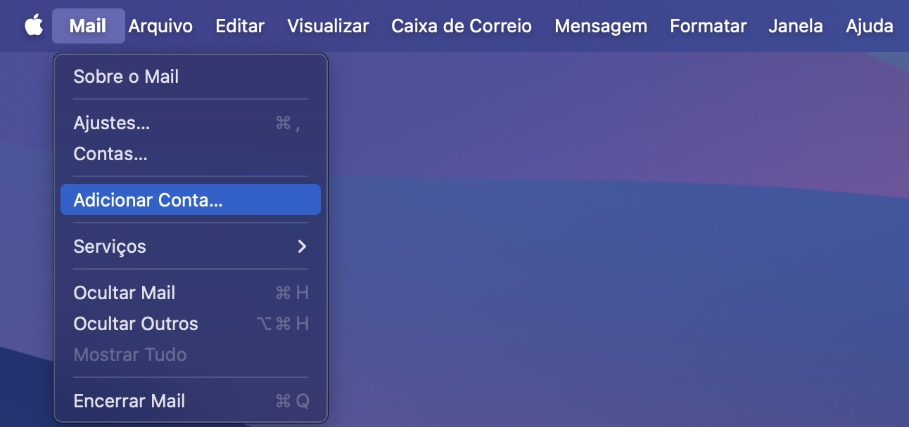 Para adicionar e reconectar suas contas de email, primeiro você precisará abrir o app Mail, ir em Mail na barra de menu e selecionar Adicionar Conta.