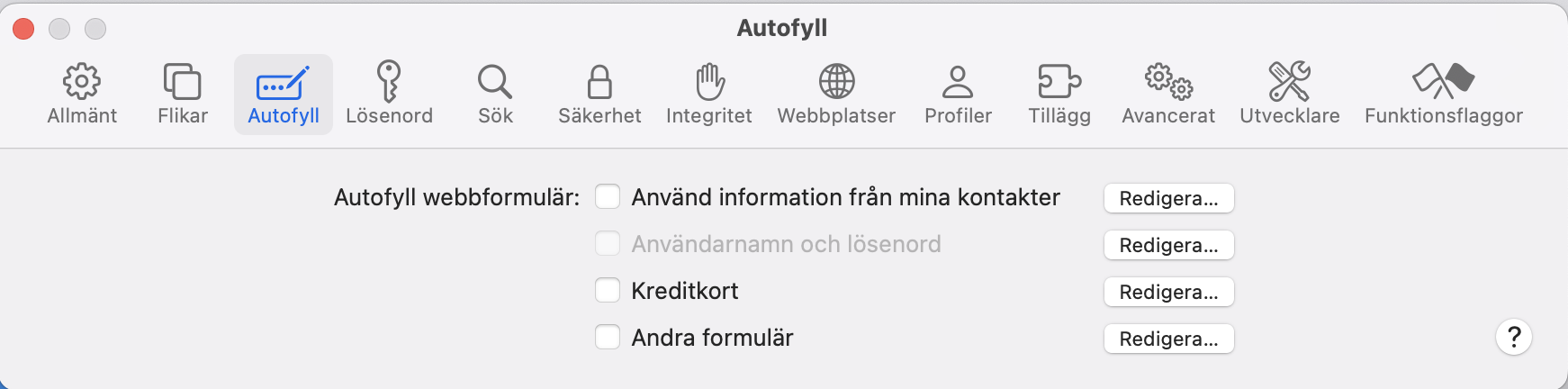 I dina Safari-inställningar går du till avsnittet 'Autofyll' och går igenom listan över typer av autofylld data. Avmarkera dem för att inaktivera dem. Klicka annars på 'Redigera'.