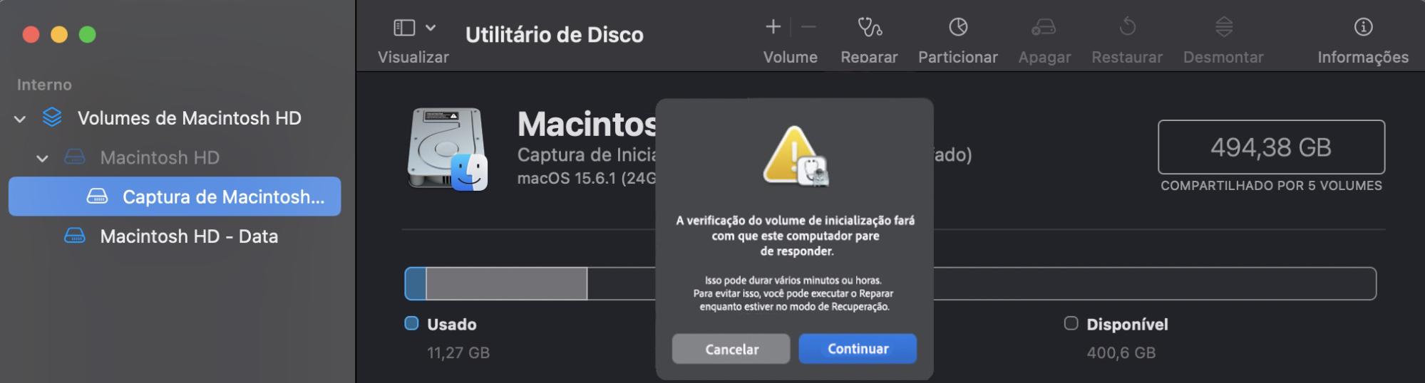 O Utilitário de Disco no Mac avisando que o Reparador fará o computador parar de responder temporariamente. Ao selecionar Continuar, você permite que o Reparador seja executado e repare as permissões do disco.
