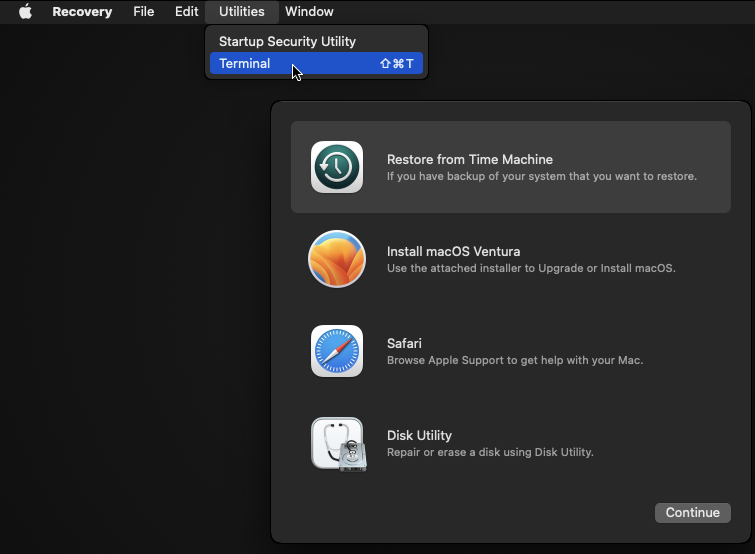 The macOS Utilities window appears on a Mac screen. Select Utilities and Terminal from the menu bar to reset admin password on a Mac.