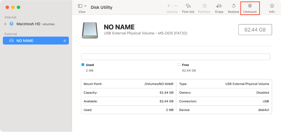 To fix issues on a disk that shows the -69877 error on your Mac, click Unmount at the top menu in Disk Utility.