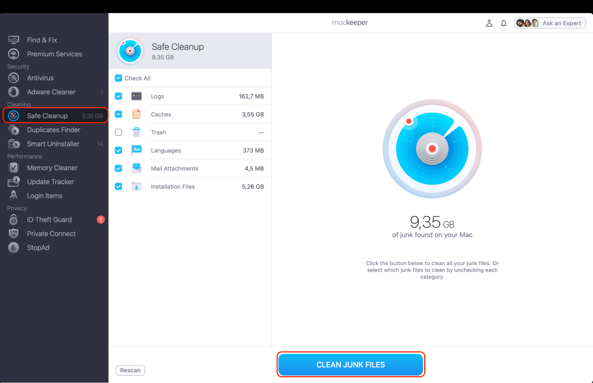 Click Run Safe Cleanup in MacKeeper to automatically remove temporary files, logs, and leftover data without affecting essential system files.