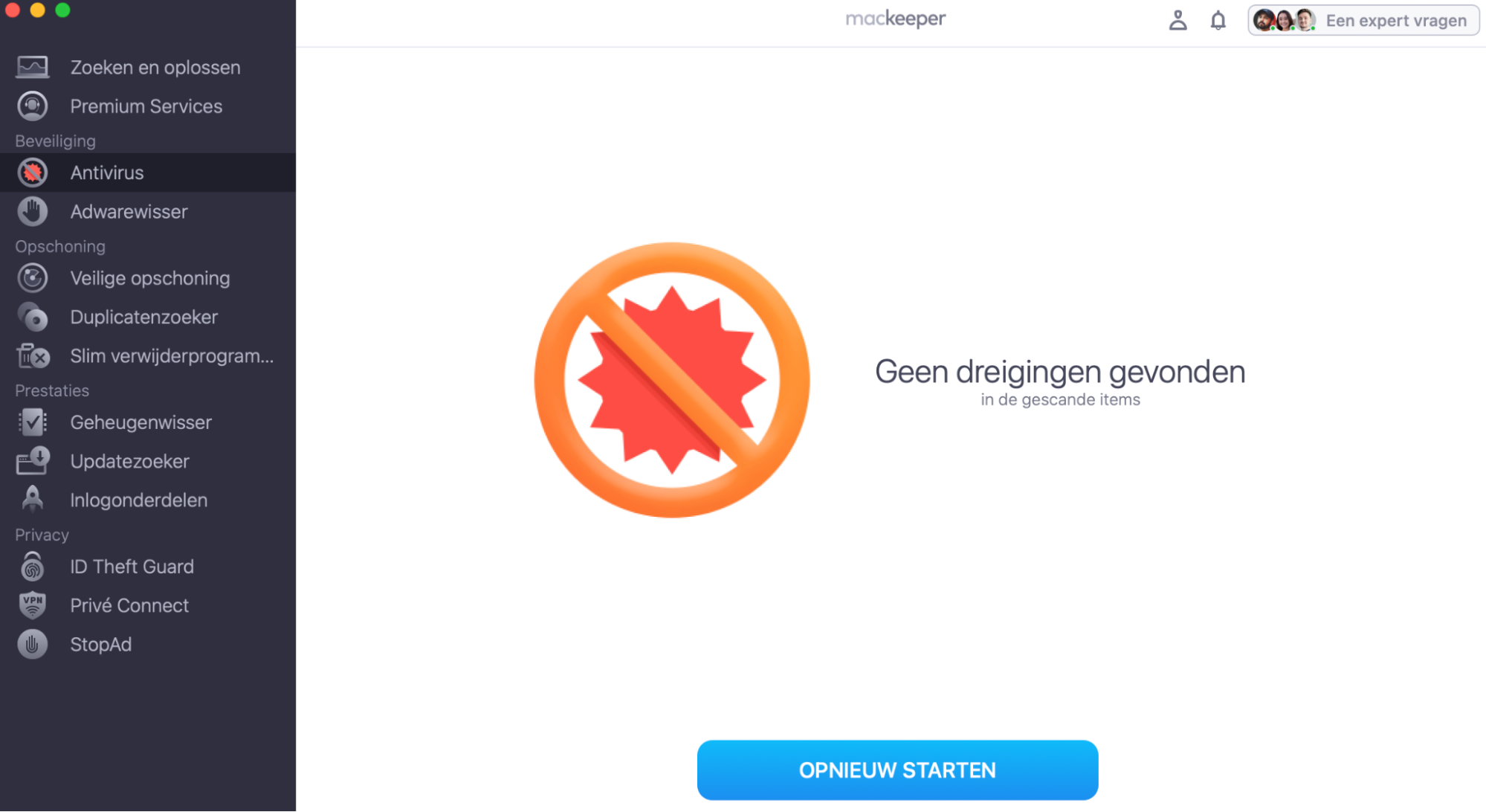 Het scanresultaat in MacKeeper geeft aan dat er geen dreigingen zijn gevonden en het systeem veilig is.