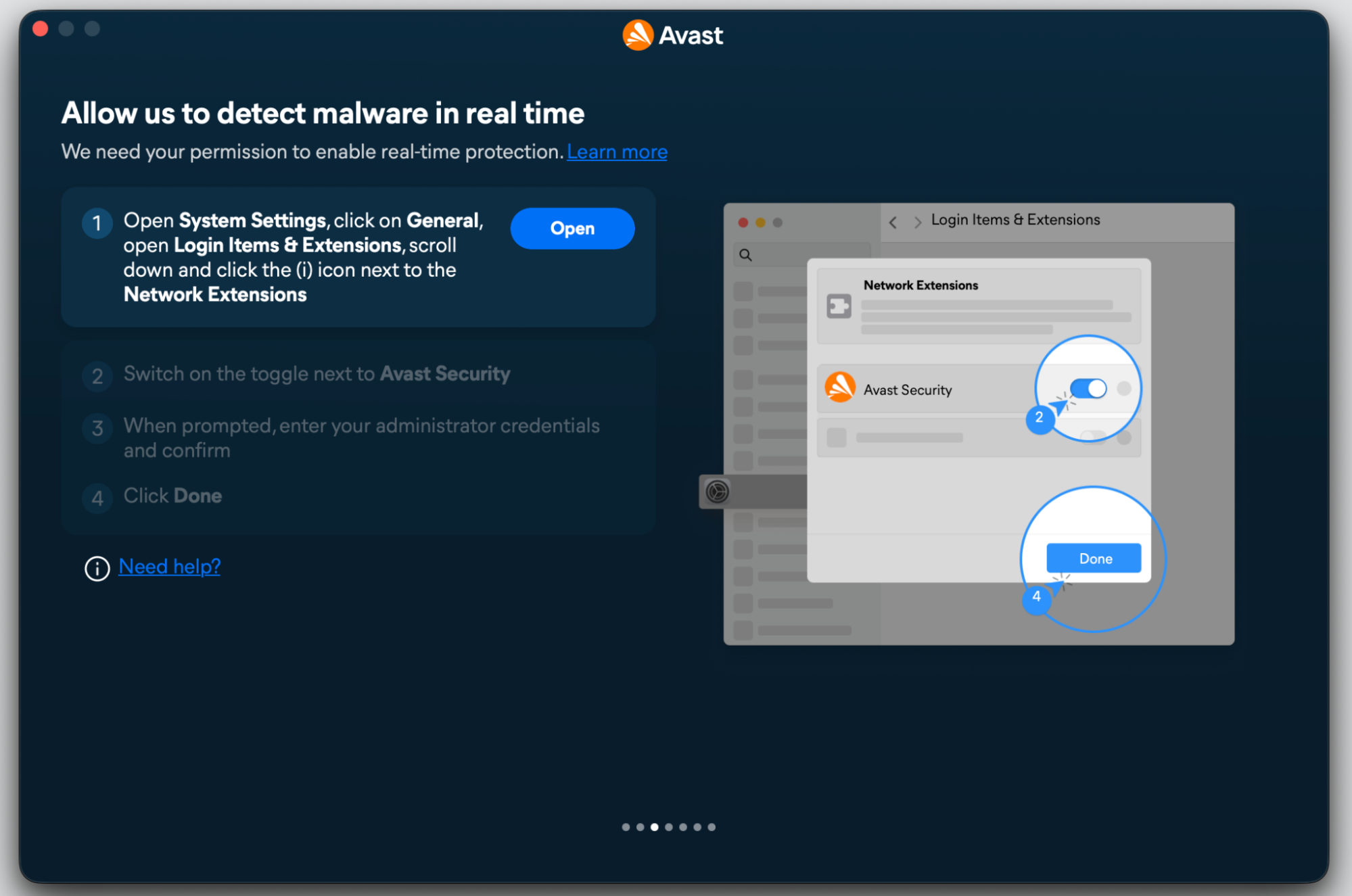 Avast setup screen on an Apple laptop prompting to enable protection, a spot where Avast keeps changing your search to Yahoo.
