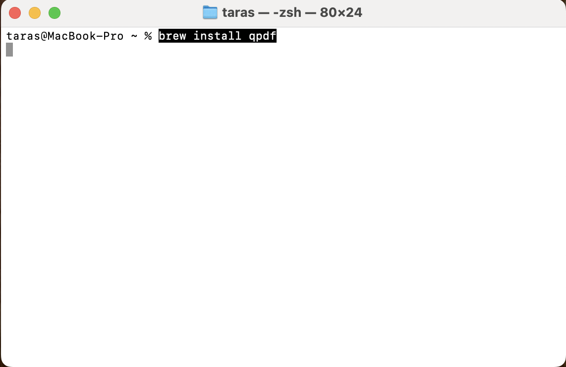 Use Homebrew in Terminal to install the qpdf package with the required command, enabling command-line removal of password protection from PDFs on macOS.