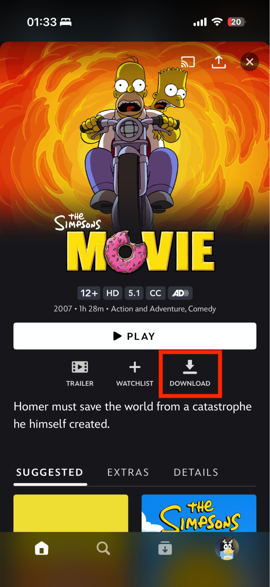 The Download option inside the Disney+ app on iPhone. If you want to know how to download movies on MacBook, try saving Disney+ titles to iPhone or iPad then streaming them to Mac over AirPlay.
