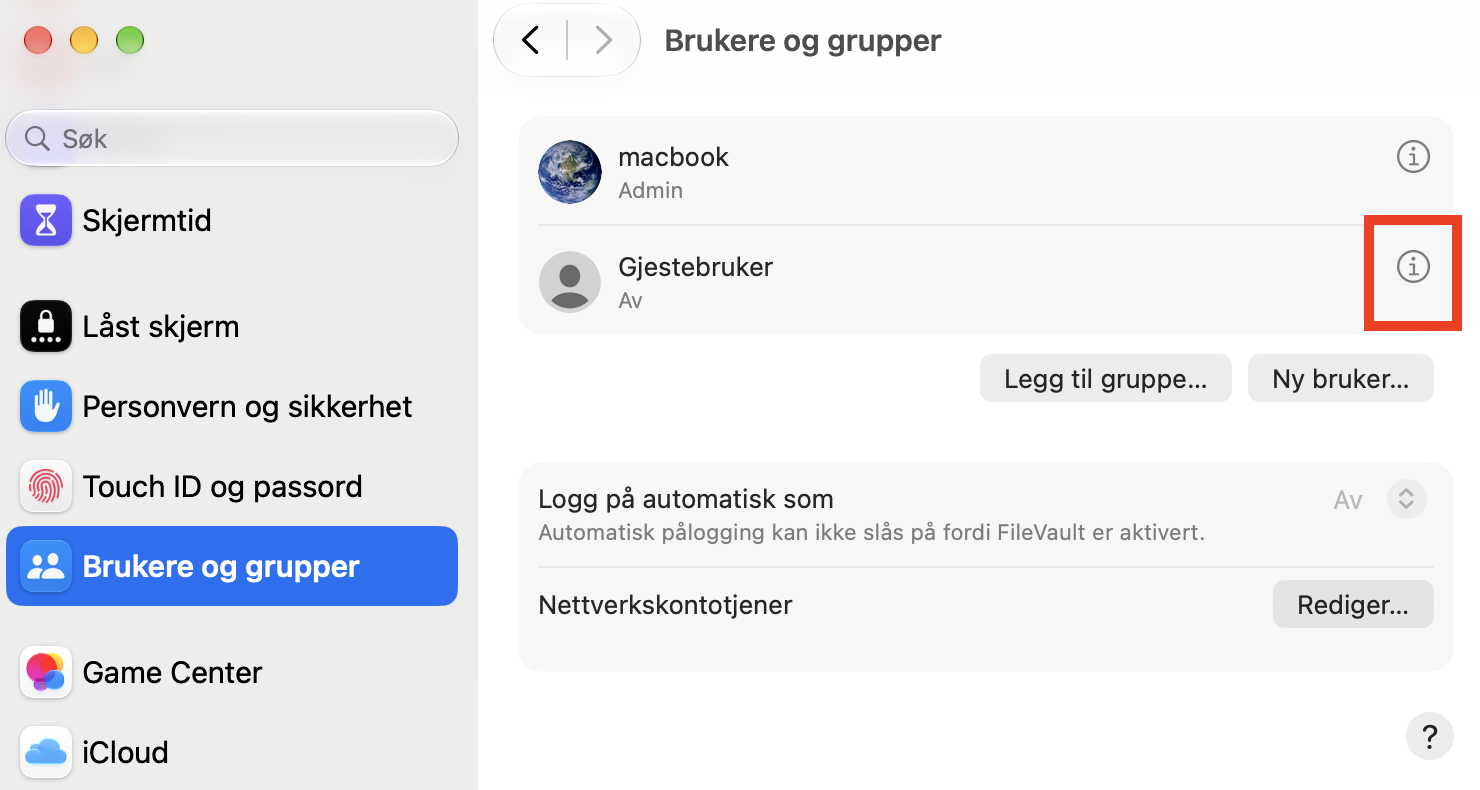For å bli kvitt en mistenkelig profil på Mac velger du Brukere og grupper i sidefeltet, ser etter en uønsket oppføring og klikker på i-ikonet ved siden av den.