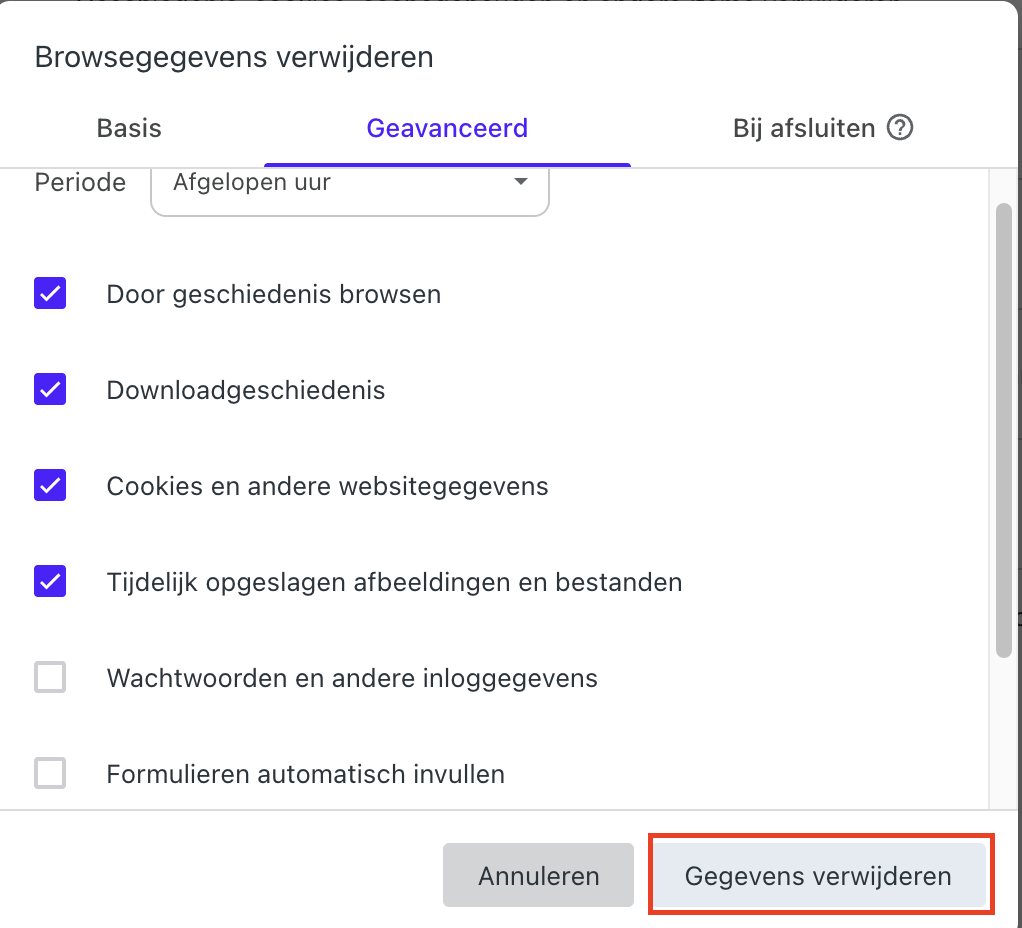 In Opera op Mac selecteer je Browsinggeschiedenis, Cookies en andere sitegegevens of Afbeeldingen en bestanden in cache en klik je op ‘Gegevens verwijderen.