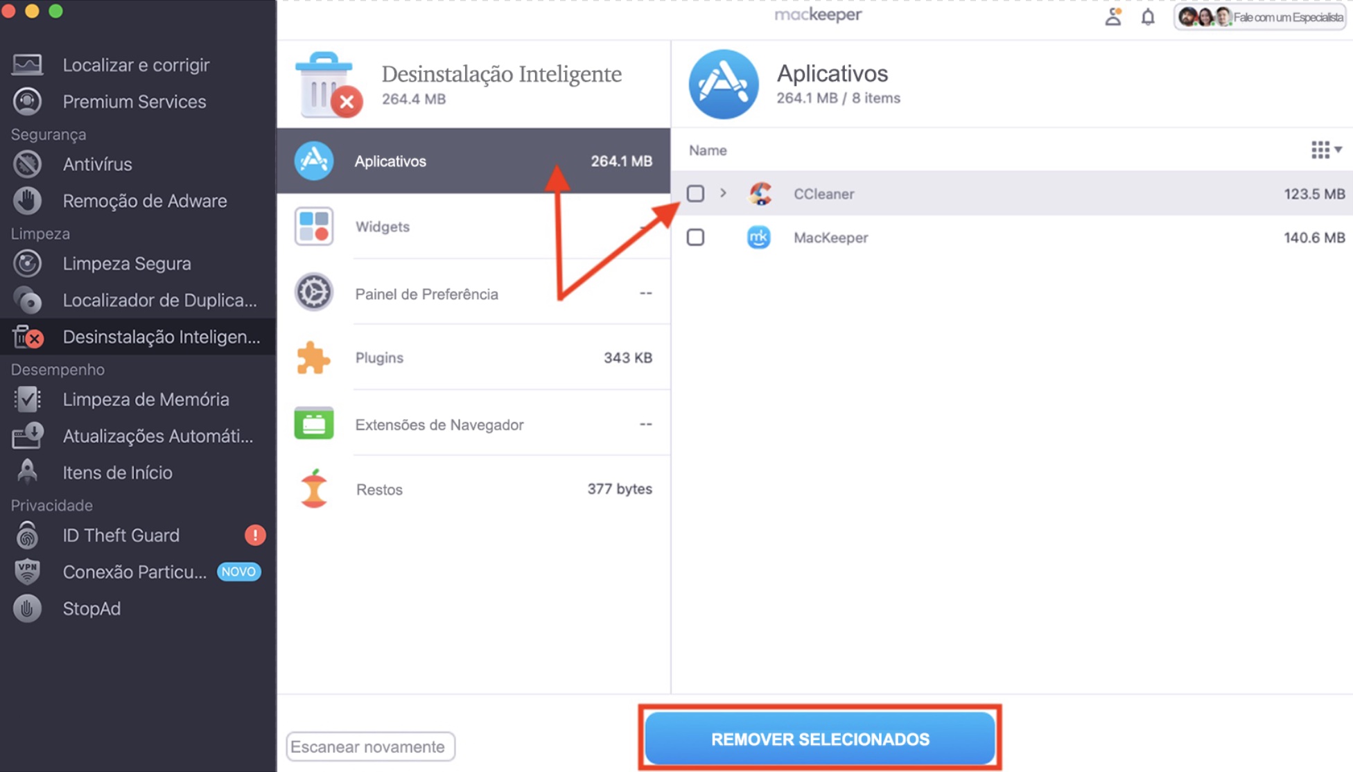 Veja a lista de itens que a Desinstalação Inteligente do MacKeeper pretende remover. Selecione os arquivos desejados e clique em Remover Selecionados